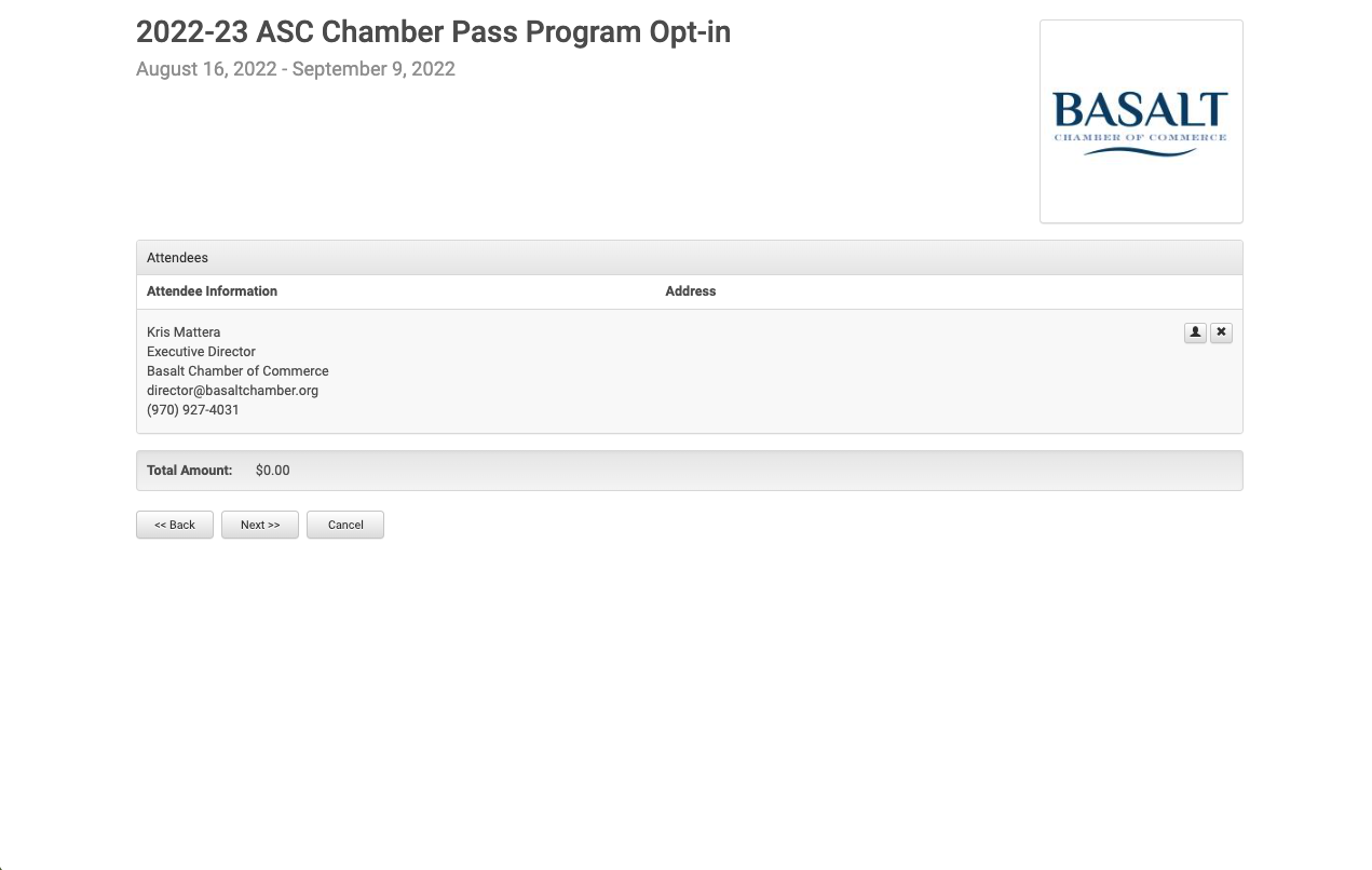 Chamber Pass Program - confirm details screen