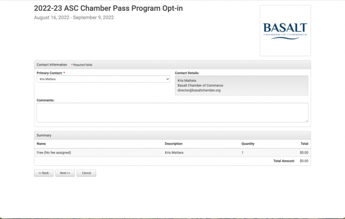Chamber Pass Program - confirm details 2 screen